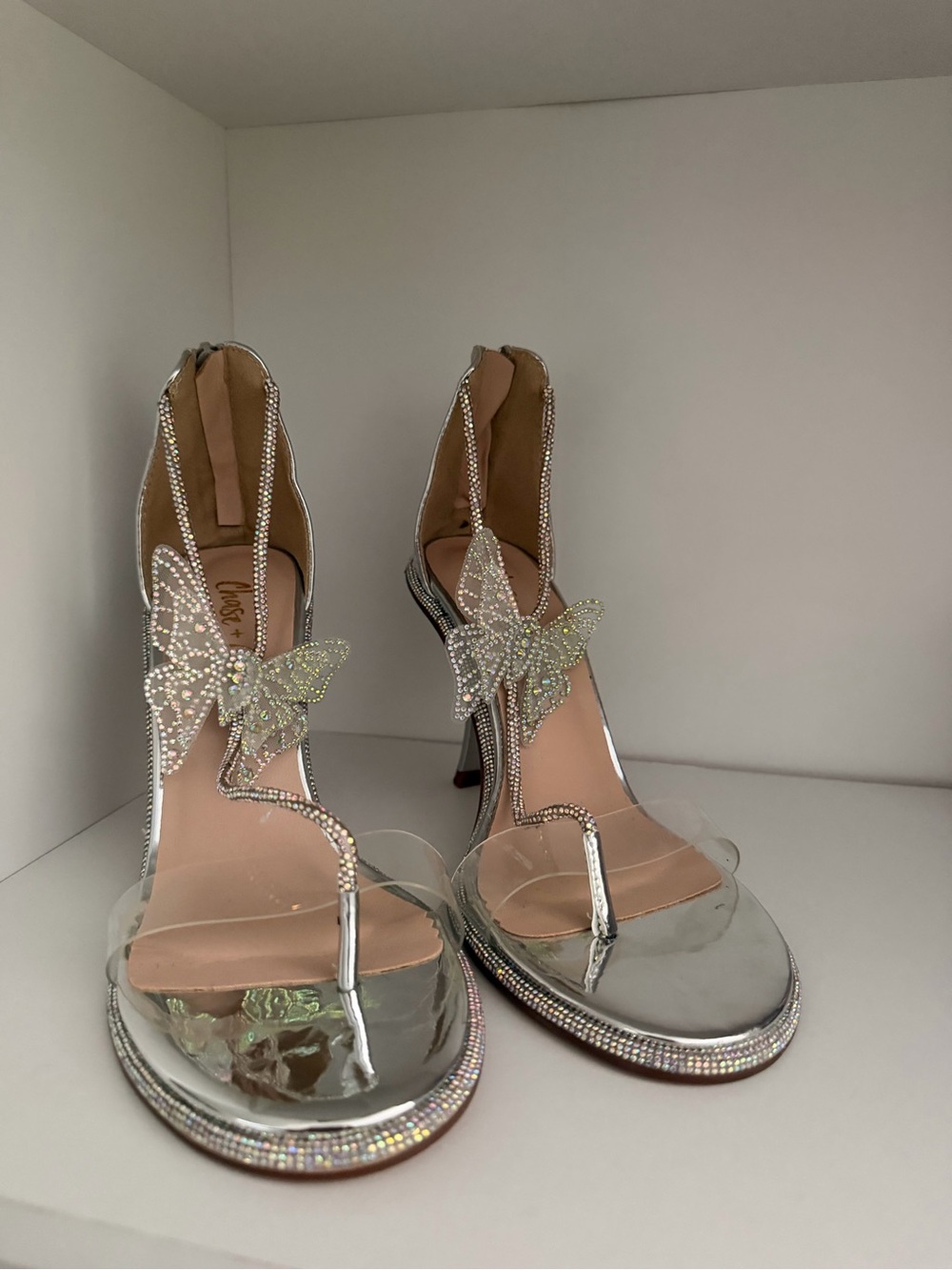 Crystal Butterfly Silver High-Heel Sandals for Women